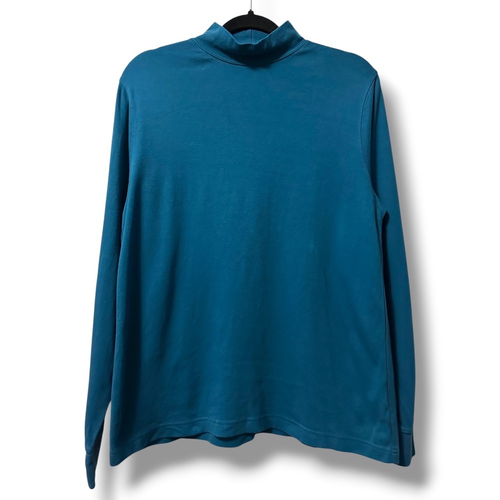 Lands End Women's Relaxed Cotton Mock Neck Teal Blue Long Sleeve Turtleneck